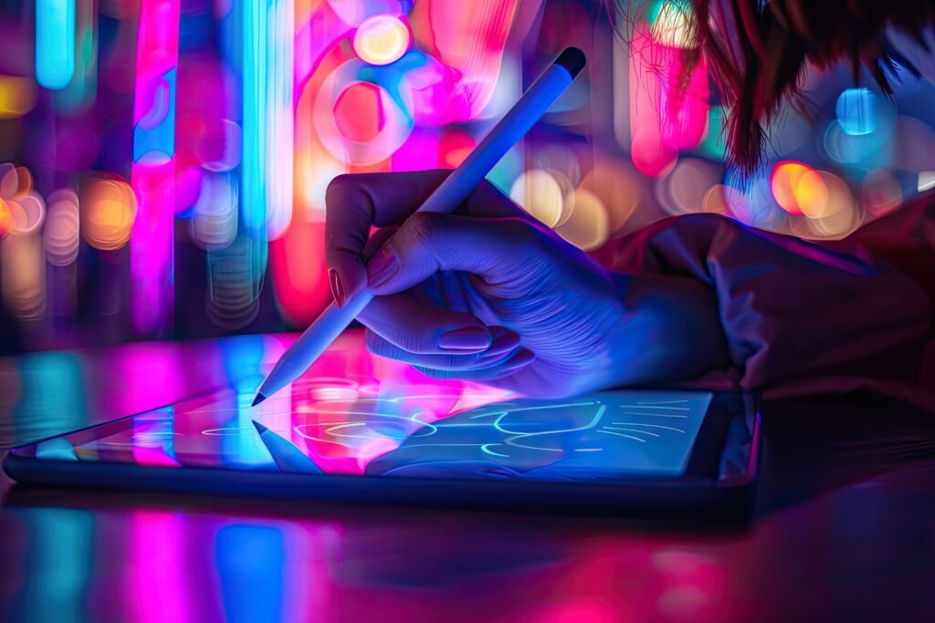 une femme écrit sur une tablette avec un stylo et une lumière colorée